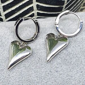 NEW Stainless Steel Heart Dangle Hoop Earrings Silvertone
